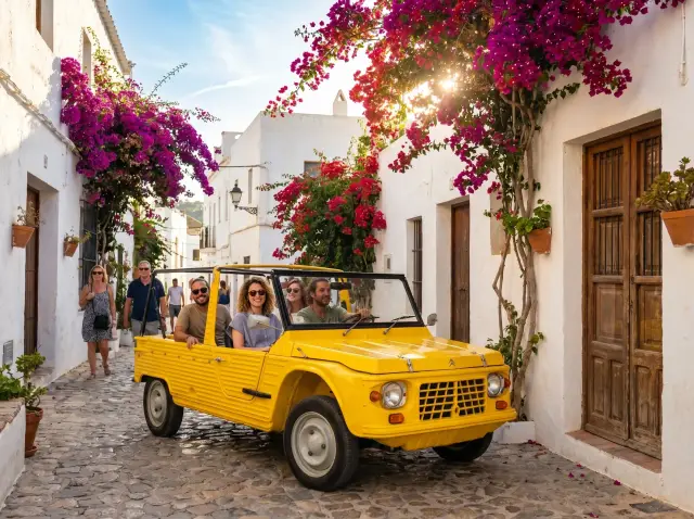 Electric Mehari driving through whitewashed Ibiza village — Retro Rides guided tour