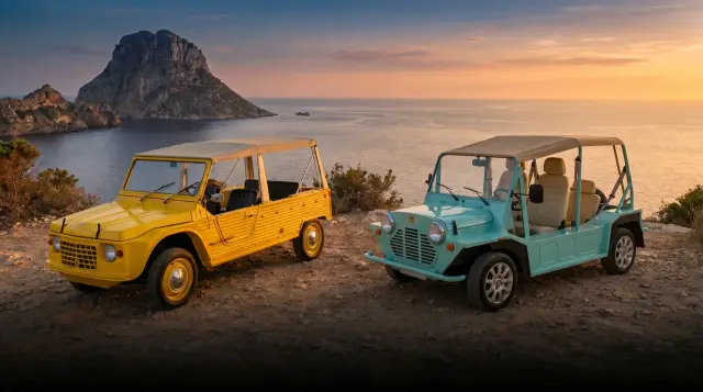 Yellow Mehari and light blue Kate electric beach cars on Ibiza coastal road — Retro Rides