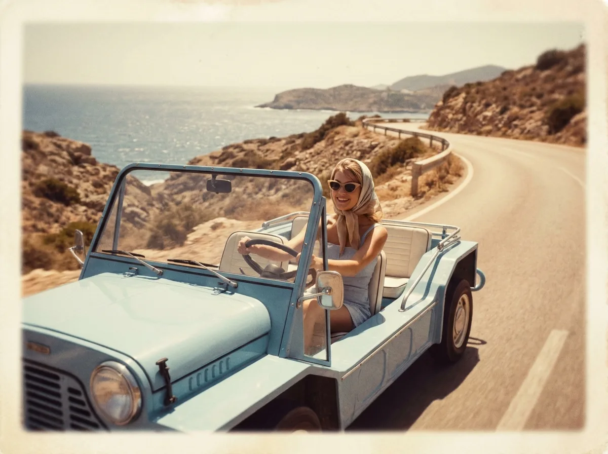 Coche playa eléctrico amarillo aparcado junto al mar en Ibiza — Retro Rides