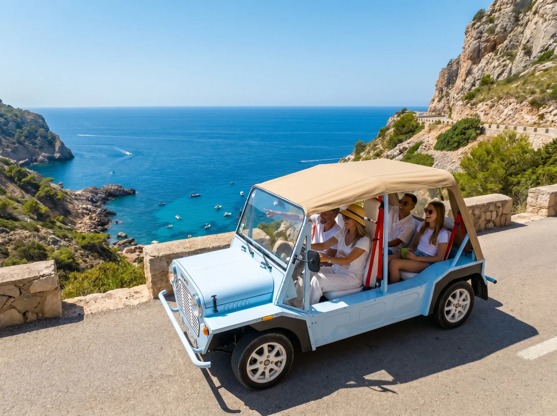 Kate eléctrico azul en carretera costera de Ibiza — Retro Rides
