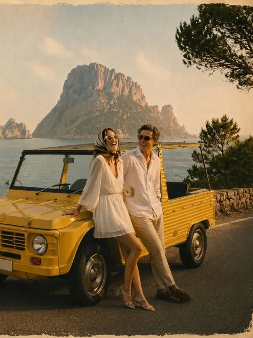 Grupo de amigos riendo en Citroën Mehari eléctrico amarillo en carretera costera de Ibiza — Retro Rides